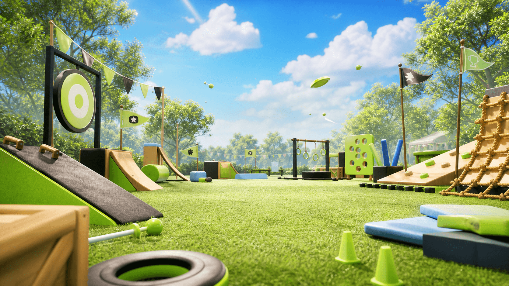 Original field-day game world with obstacle course props